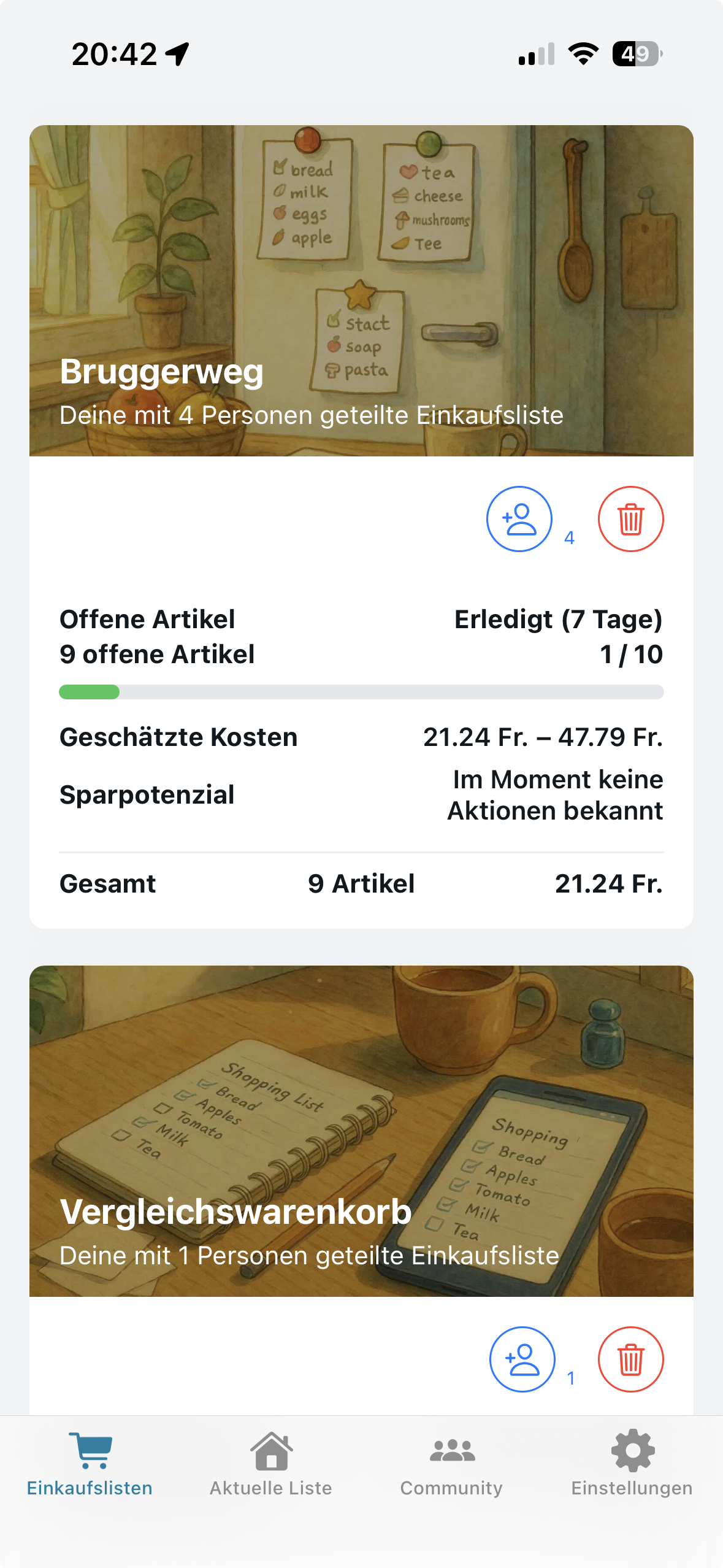 Geteilte Einkaufslisten in der KYP App